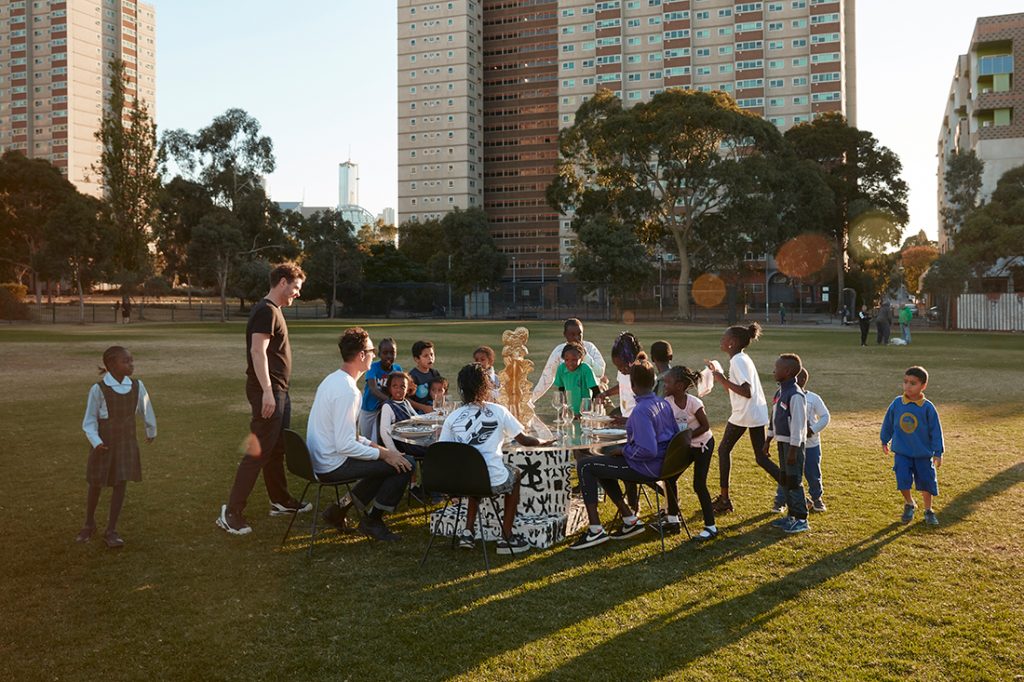 'Art of Dining' table (2019), designed with the kids from Cubbies. Photo by Sean Fennessy